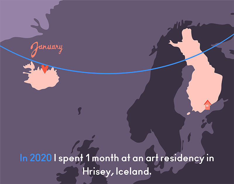 Map illustration showing Helsinki, Finland and Hrisey, Iceland